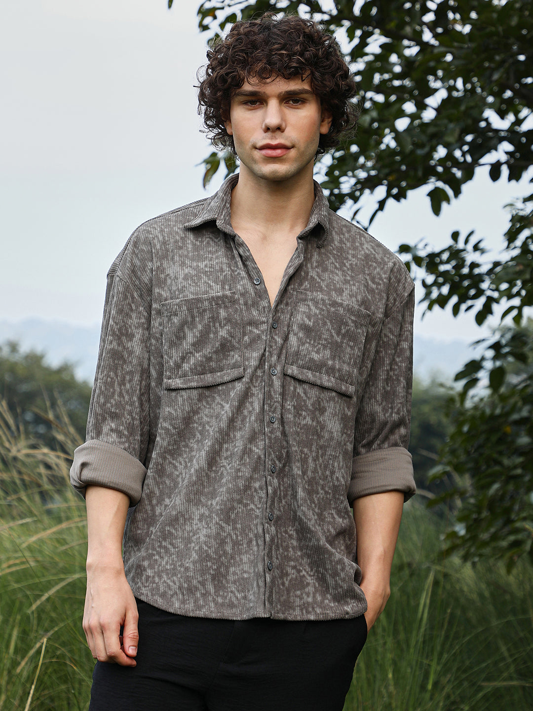 Men Ash Grey Faded Corduroy Oversized Shirt
