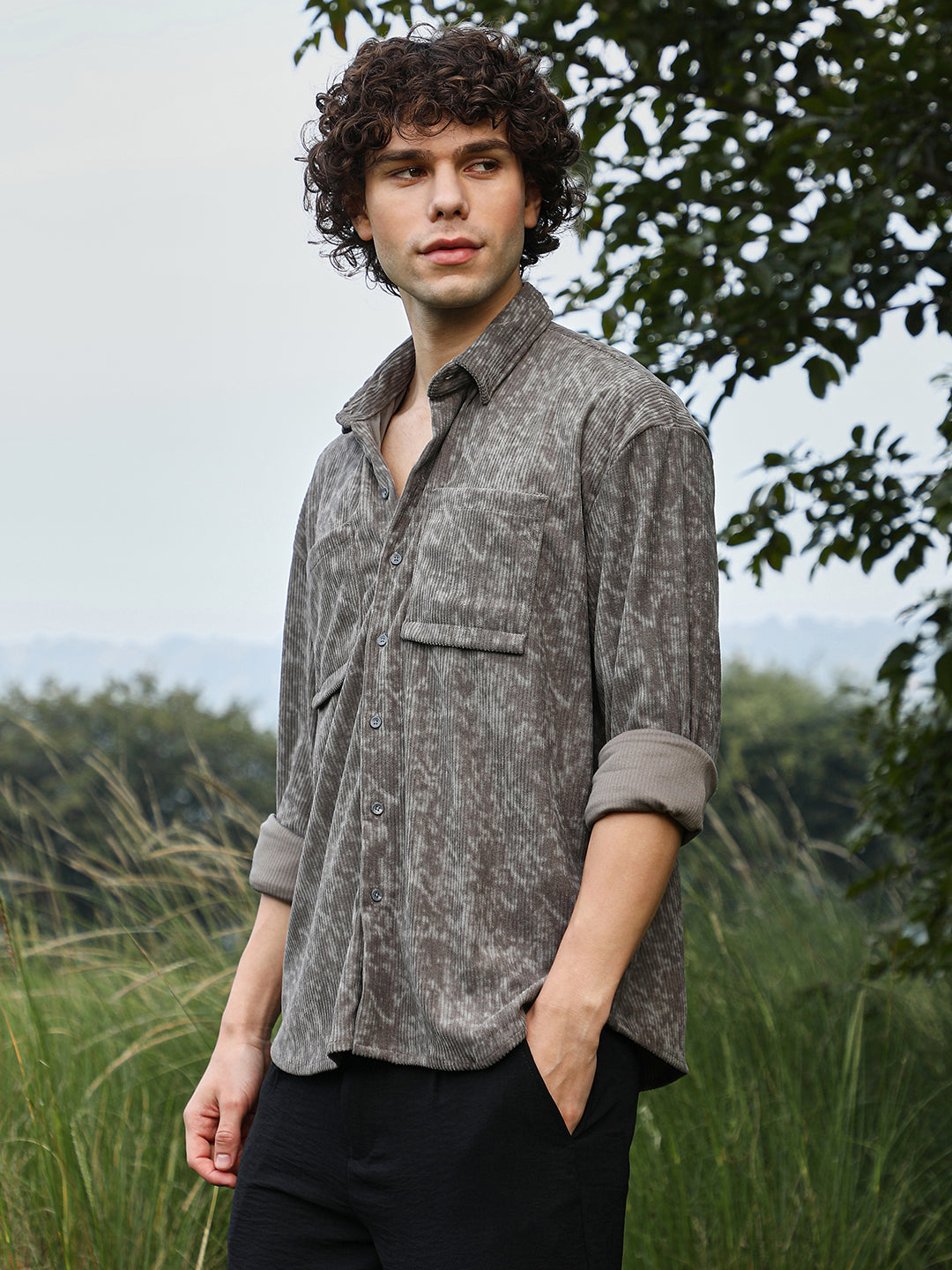 Men Ash Grey Faded Corduroy Oversized Shirt
