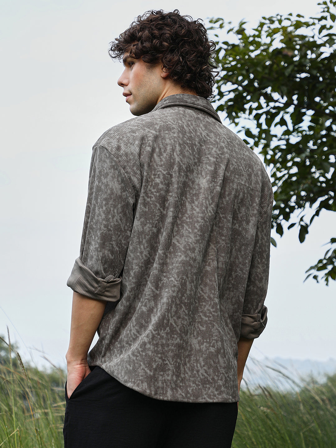 Men Ash Grey Faded Corduroy Oversized Shirt