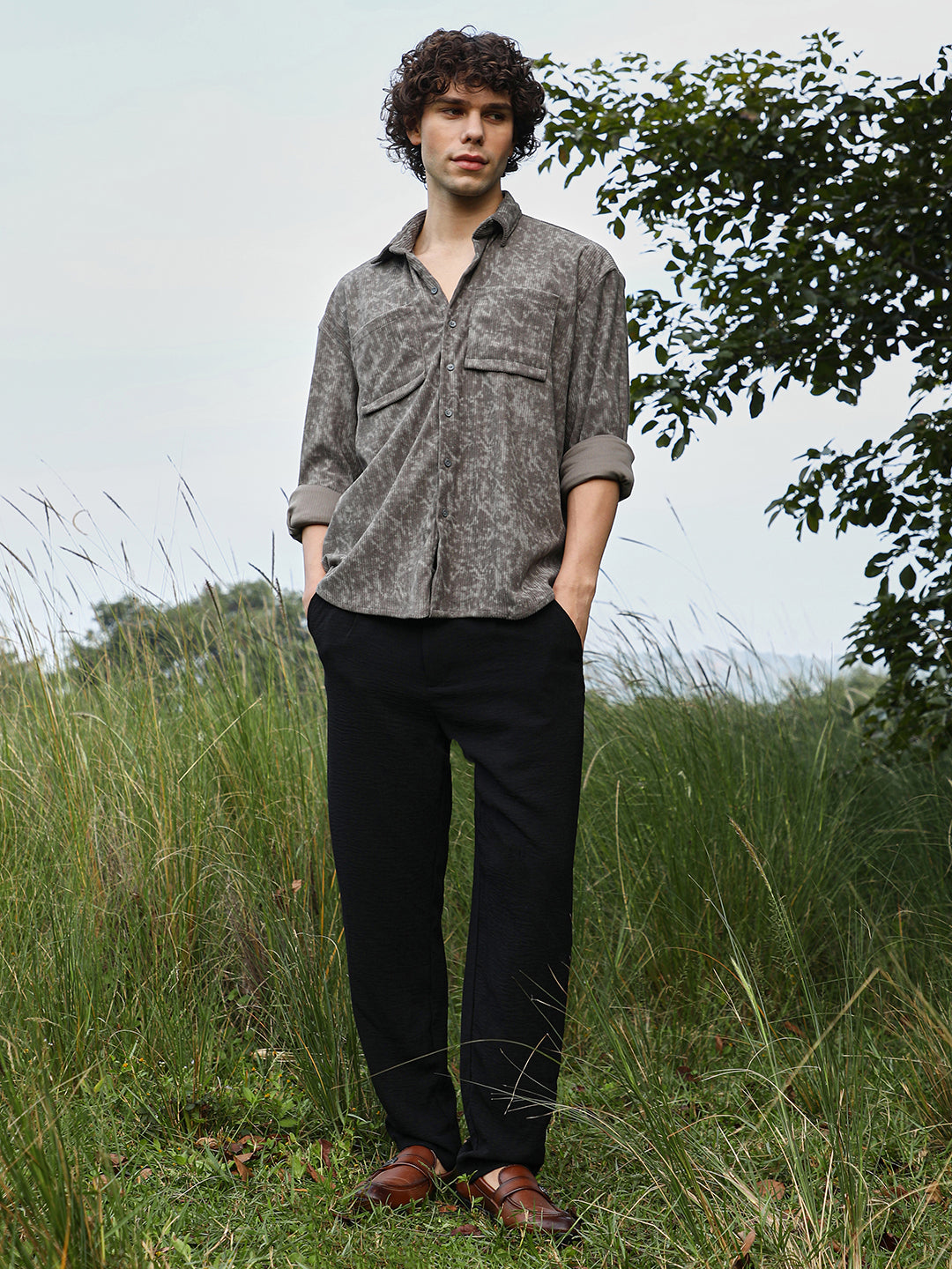 Men Ash Grey Faded Corduroy Oversized Shirt