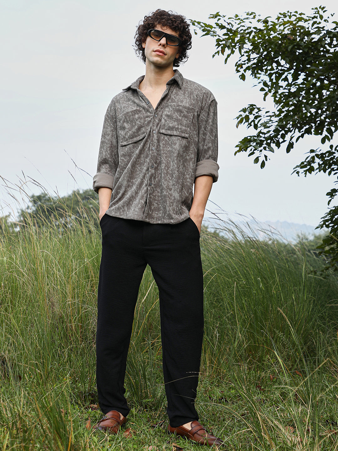 Men Ash Grey Faded Corduroy Oversized Shirt