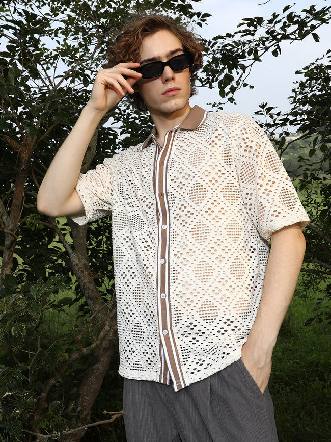 Men Saltbox Beige Geometric-Knit Oversized Shirt
