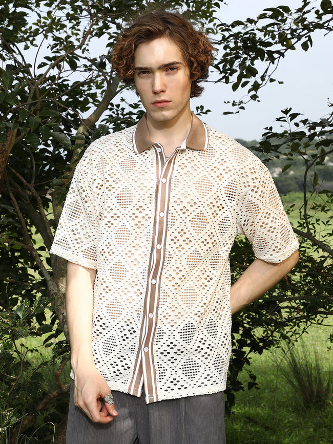 Men Saltbox Beige Geometric-Knit Oversized Shirt