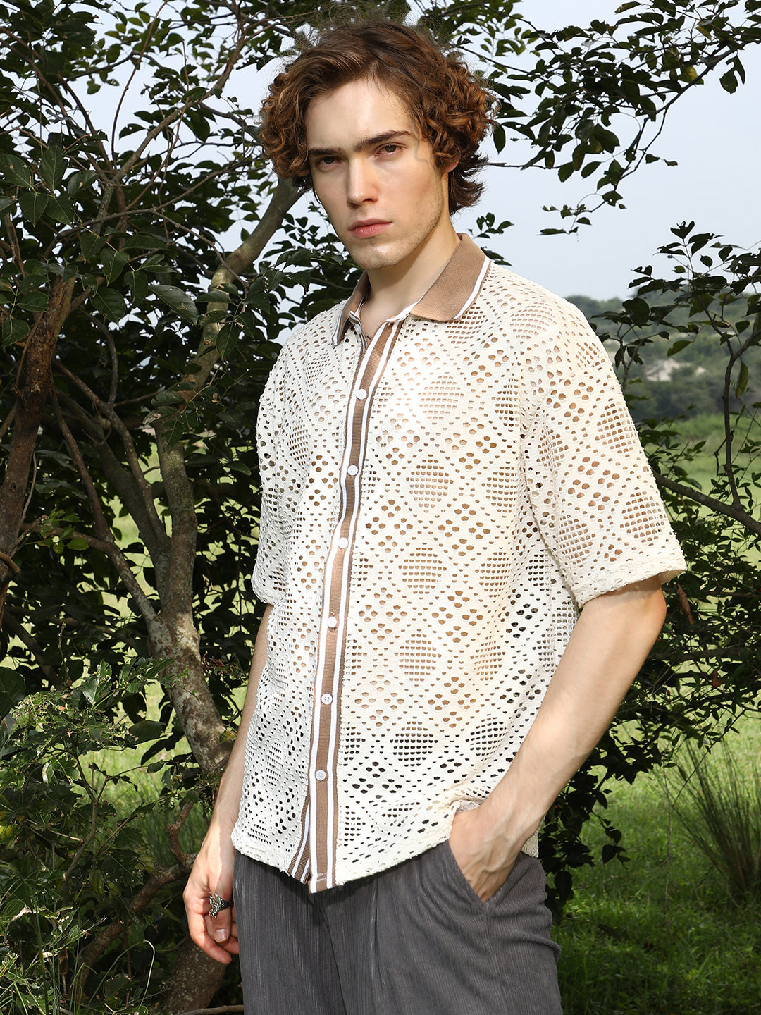 Men Saltbox Beige Geometric-Knit Oversized Shirt