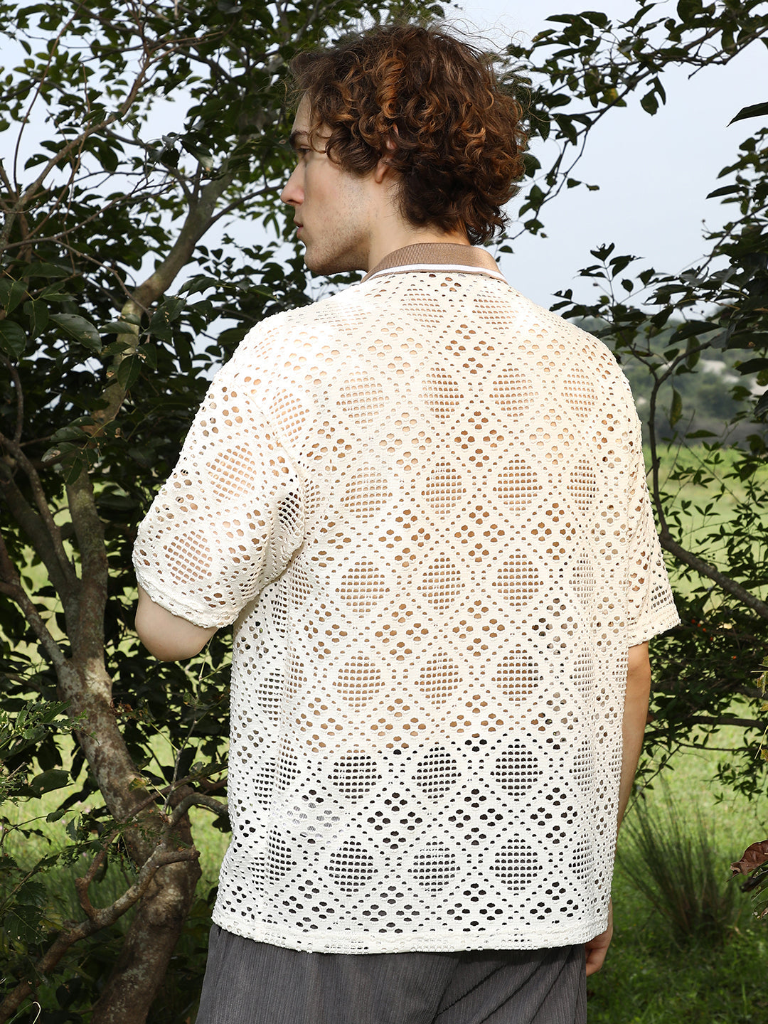 Men Saltbox Beige Geometric-Knit Oversized Shirt