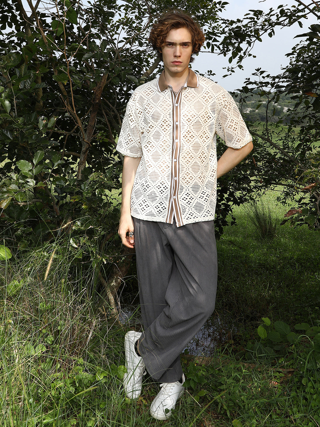 Men Saltbox Beige Geometric-Knit Oversized Shirt