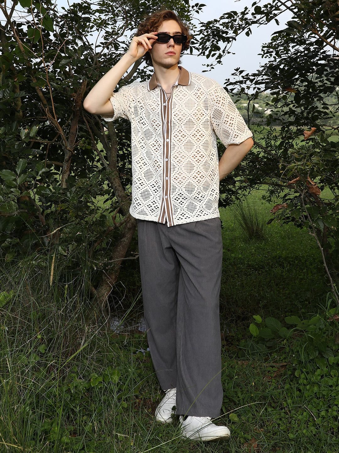 Men Saltbox Beige Geometric-Knit Oversized Shirt