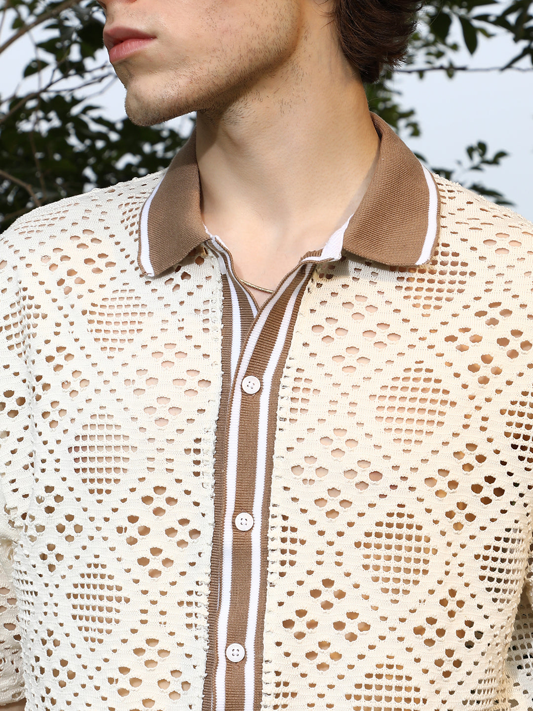 Men Saltbox Beige Geometric-Knit Oversized Shirt