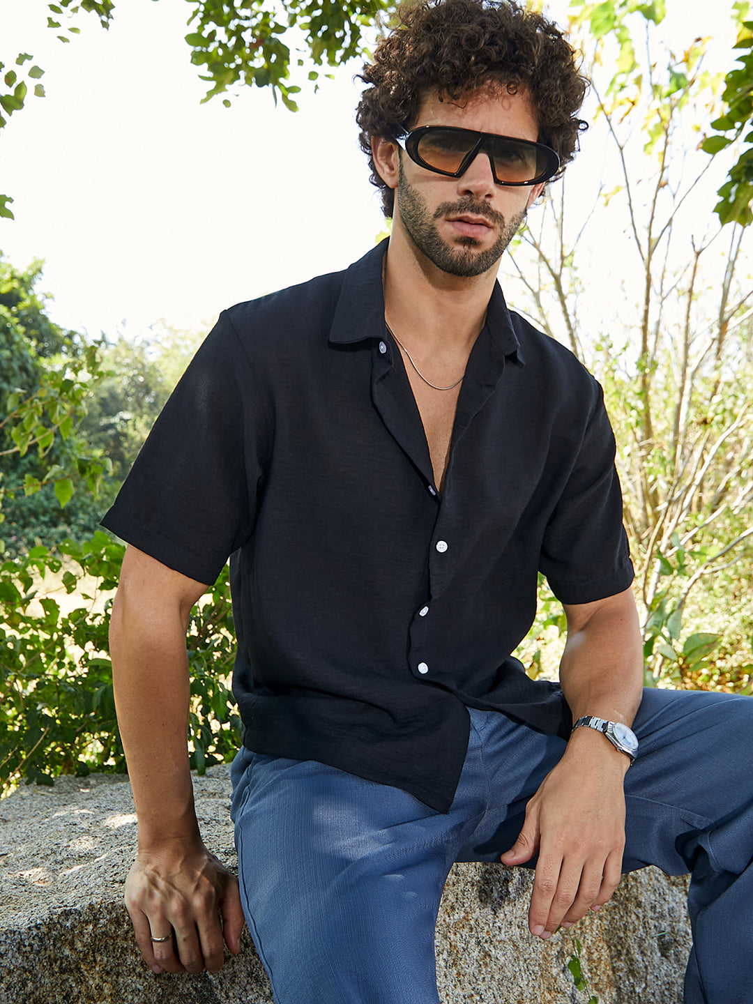 Men Onyx Black Breezy Oversized Shirt