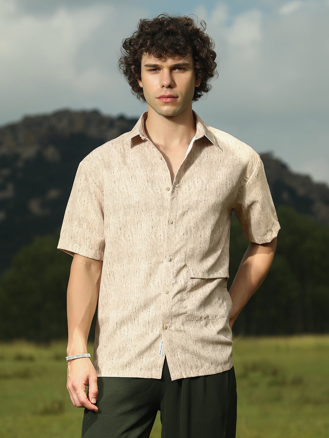 Men Sand Beige Speckled Oversized Shirt