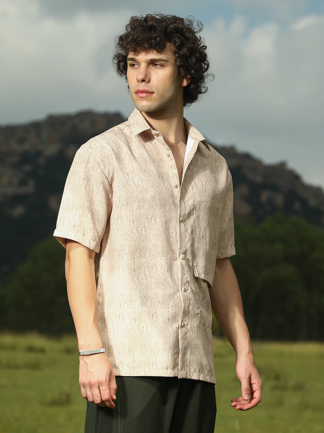 Men Sand Beige Speckled Oversized Shirt