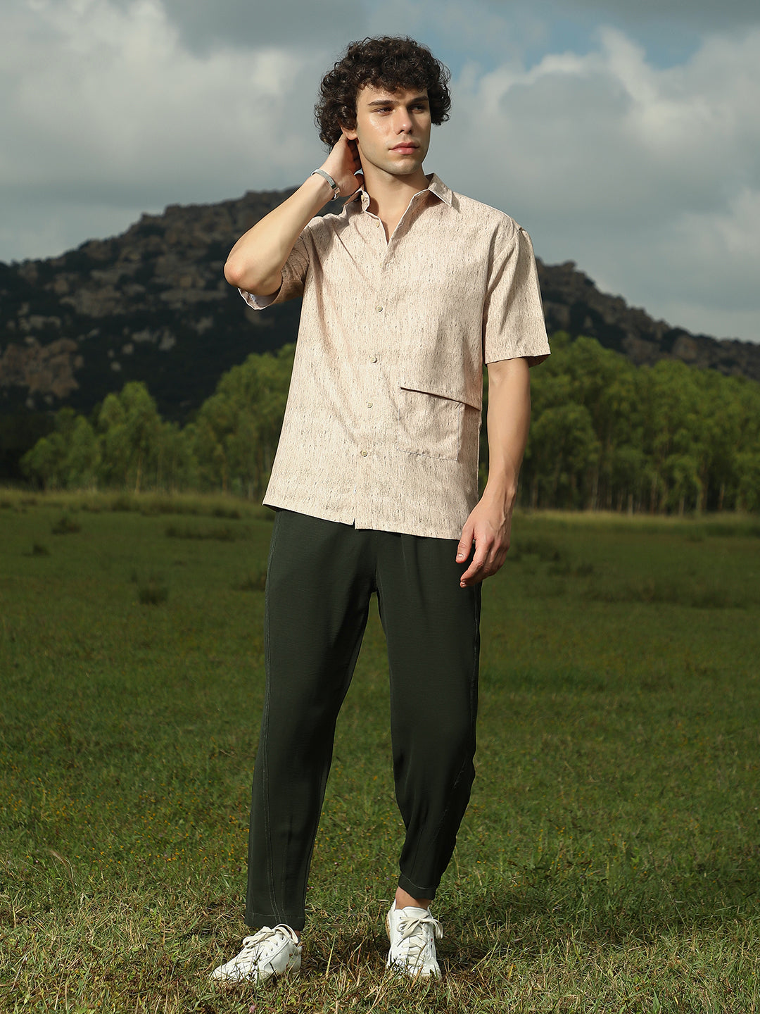 Men Sand Beige Speckled Oversized Shirt