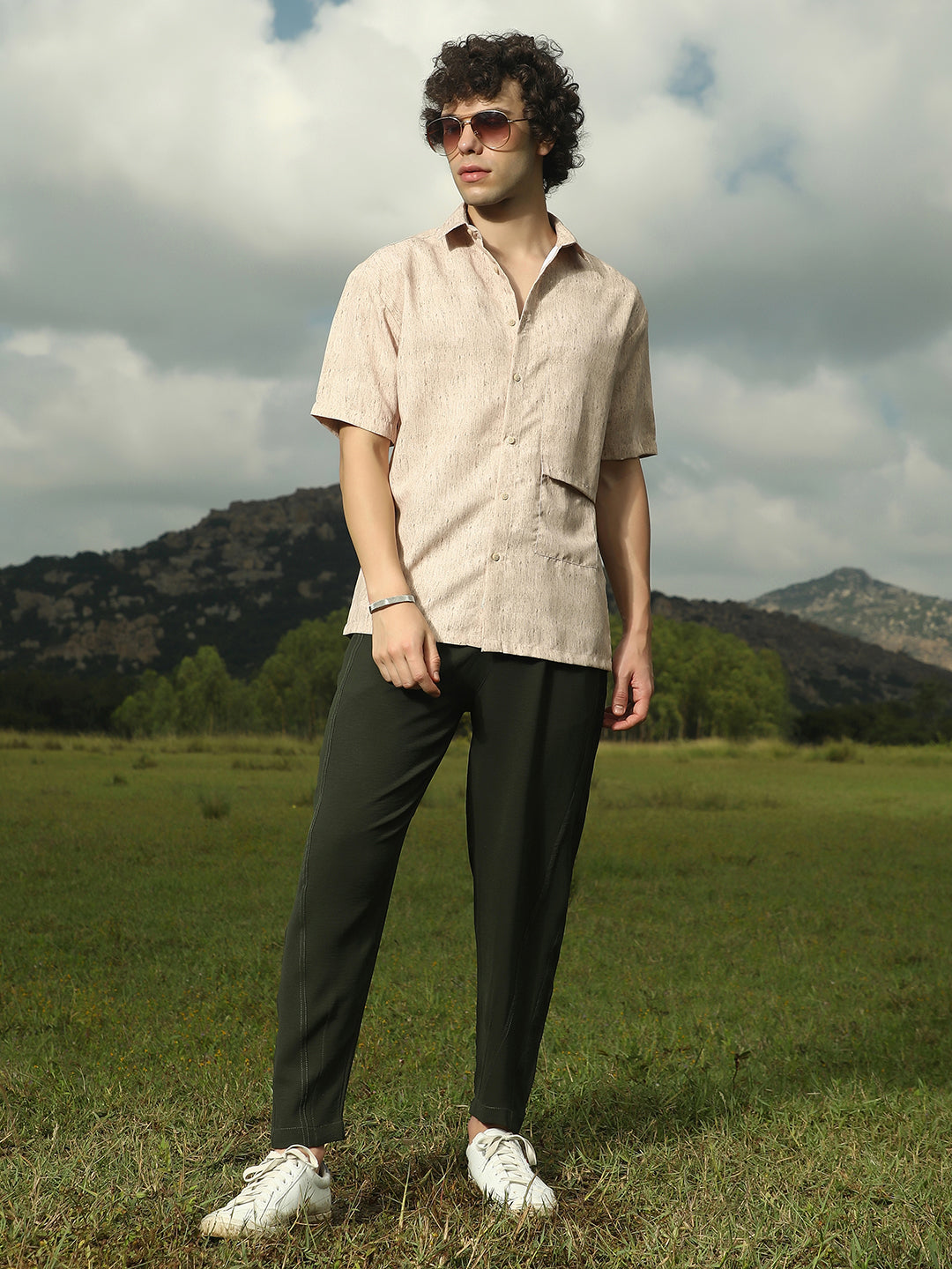 Men Sand Beige Speckled Oversized Shirt