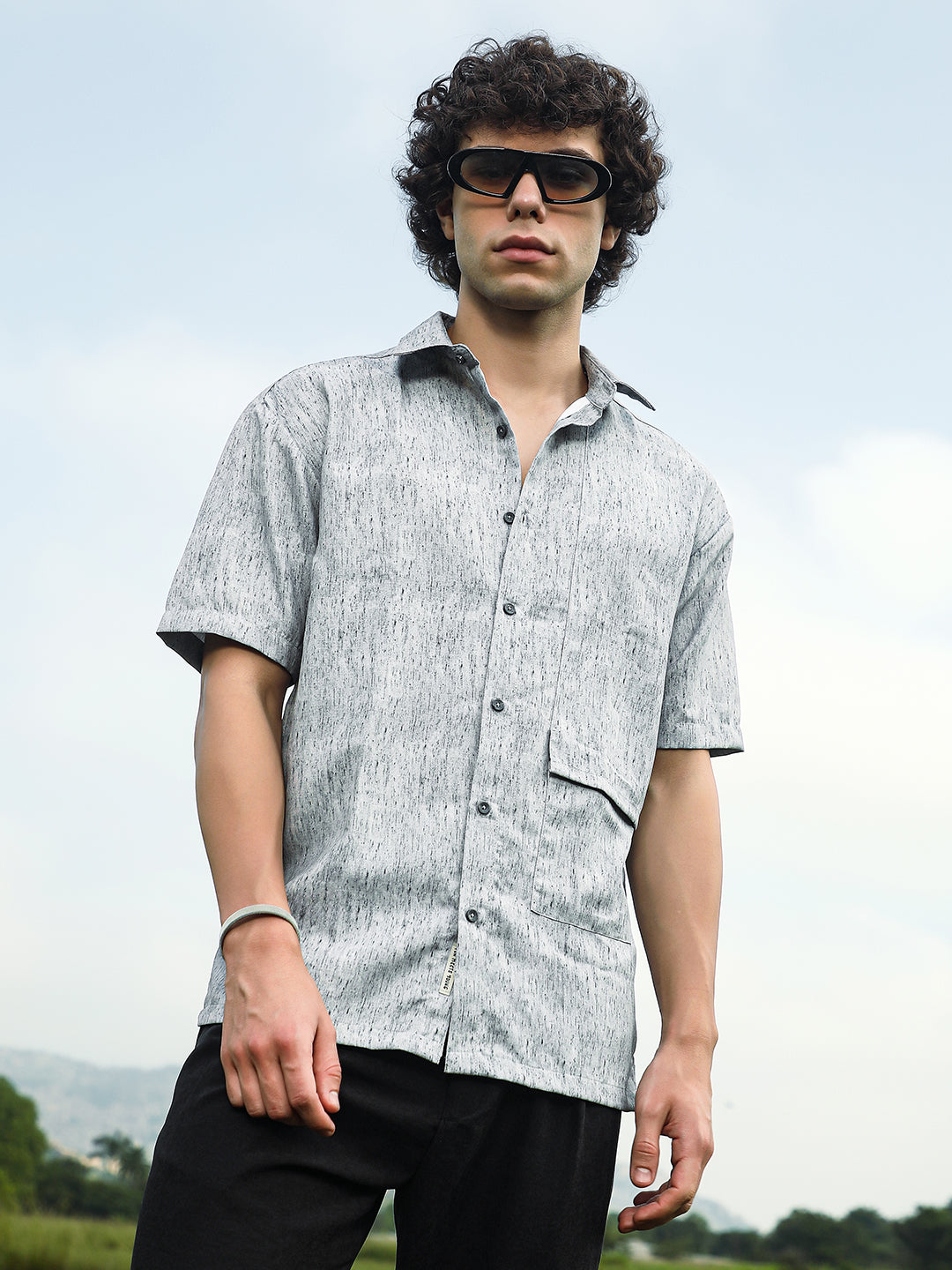 Men Coin Grey Speckled Flap Oversized Shirt