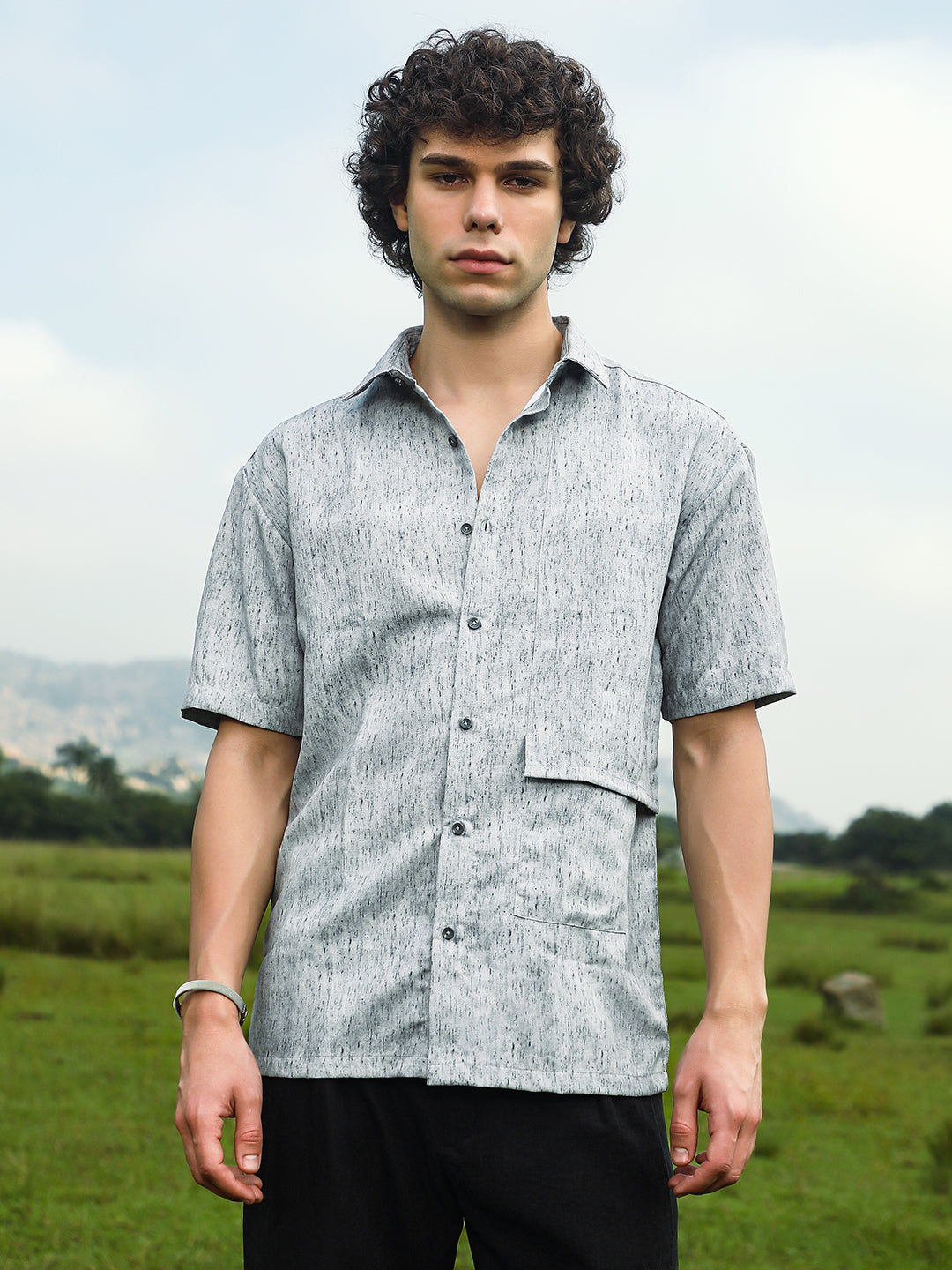 Men Coin Grey Speckled Flap Oversized Shirt
