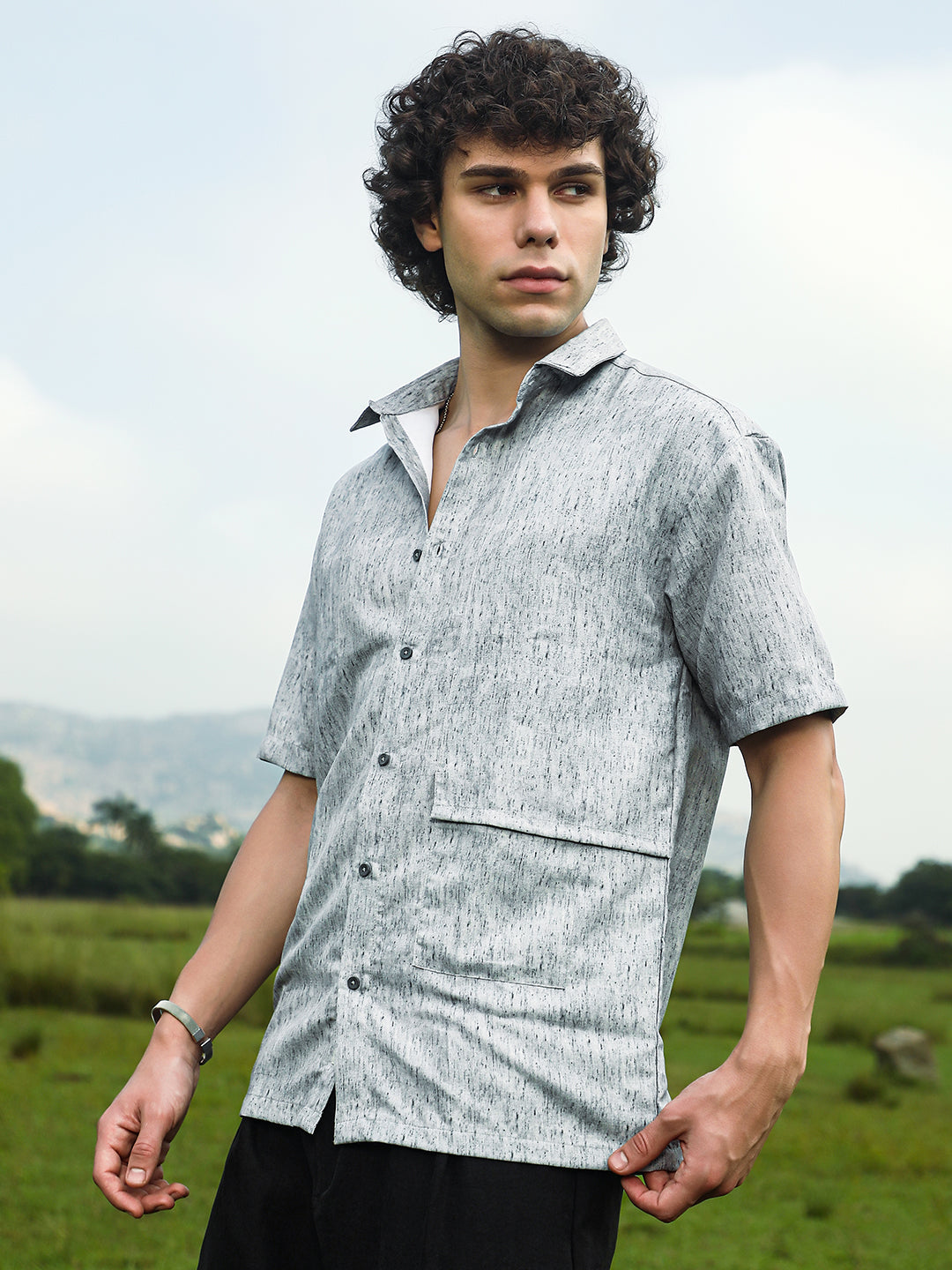 Men Coin Grey Speckled Flap Oversized Shirt