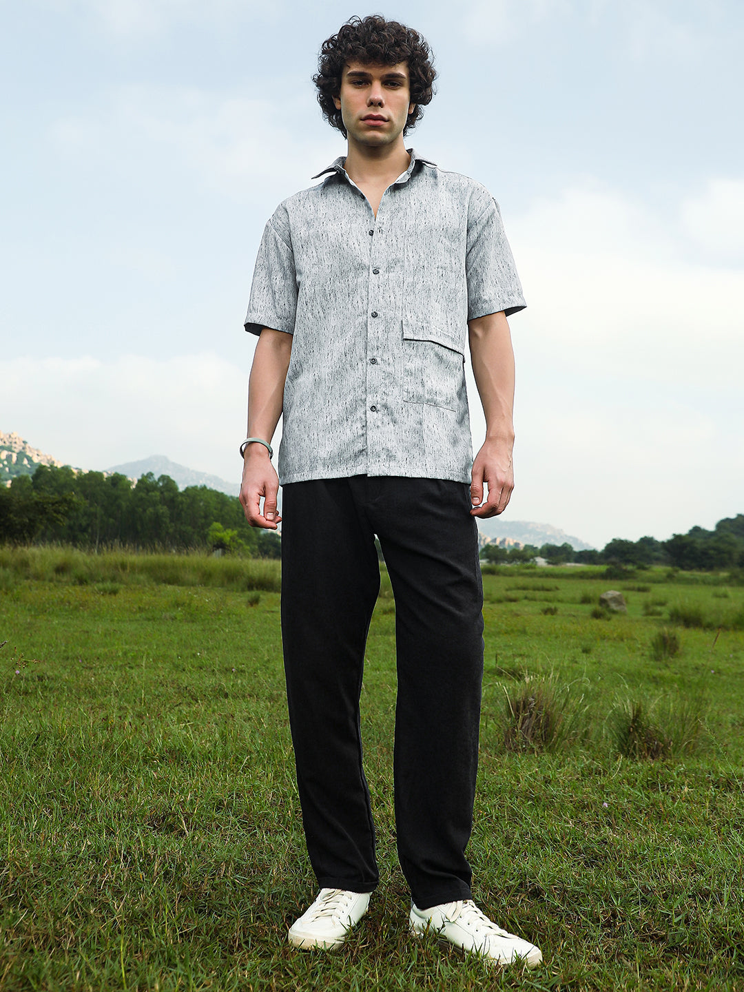 Men Coin Grey Speckled Flap Oversized Shirt