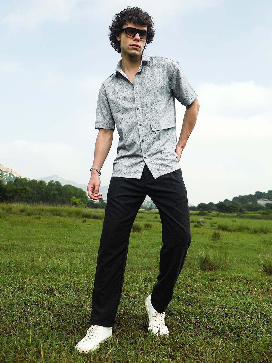 Men Coin Grey Speckled Flap Oversized Shirt