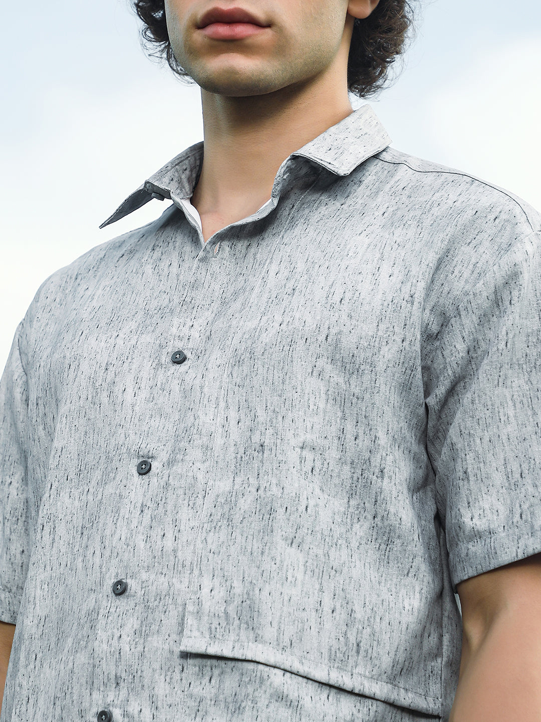 Men Coin Grey Speckled Flap Oversized Shirt