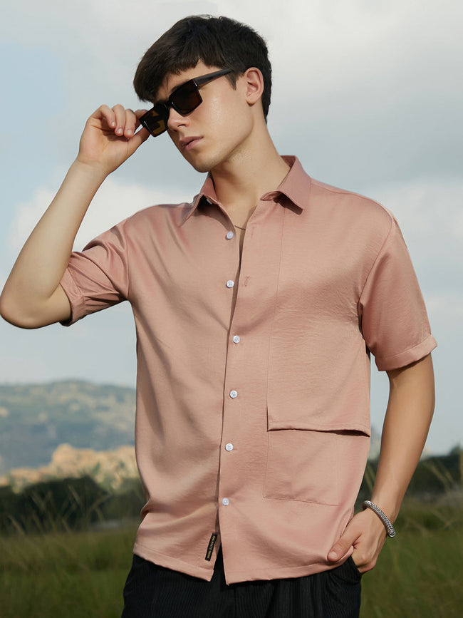 Men Blush Pink Solid Flap Oversized Shirt