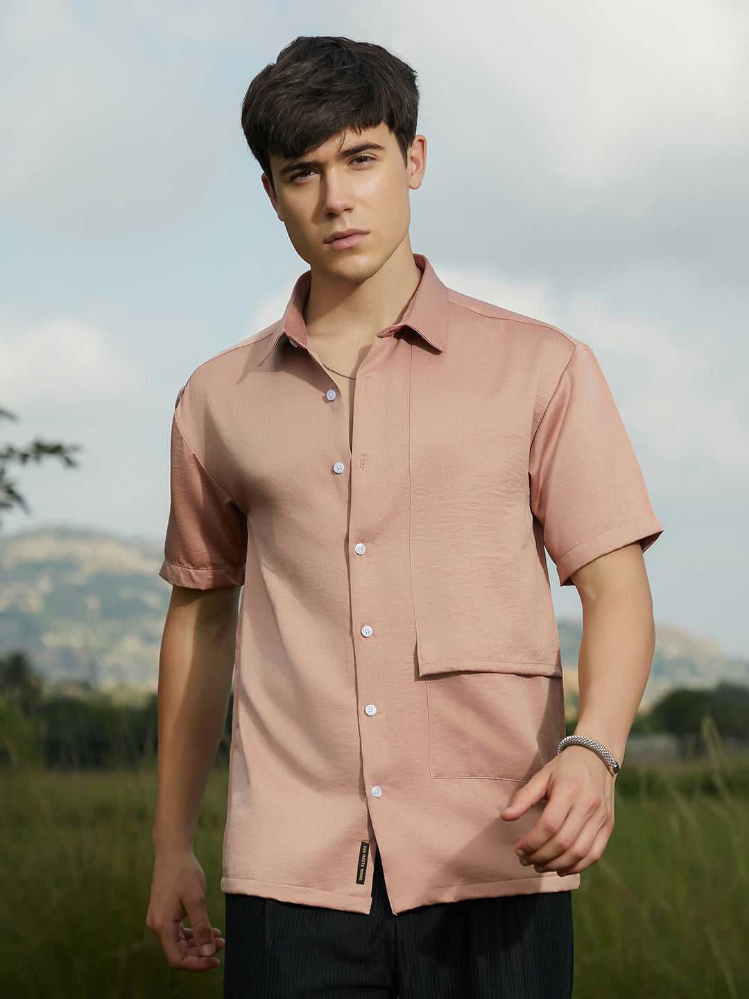 Men Blush Pink Solid Flap Oversized Shirt