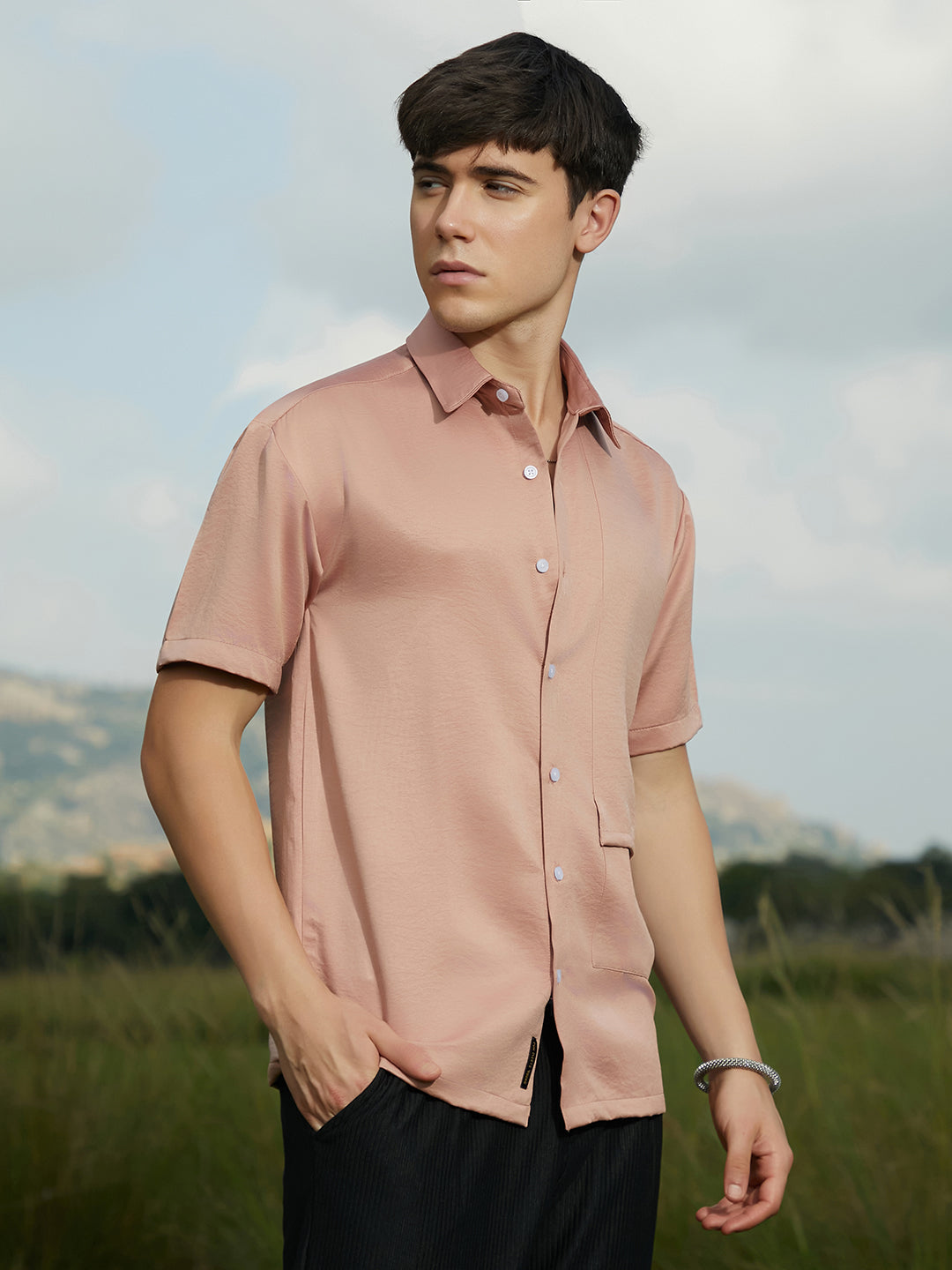 Men Blush Pink Solid Flap Oversized Shirt