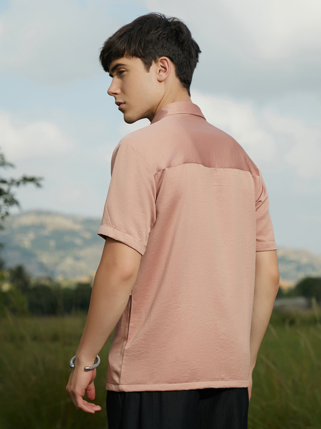 Men Blush Pink Solid Flap Oversized Shirt