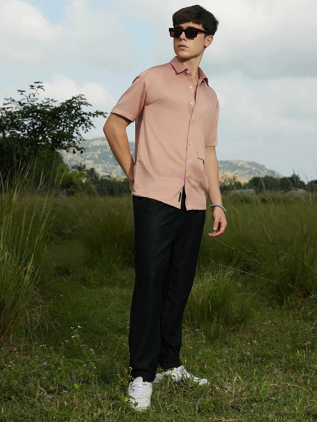Men Blush Pink Solid Flap Oversized Shirt