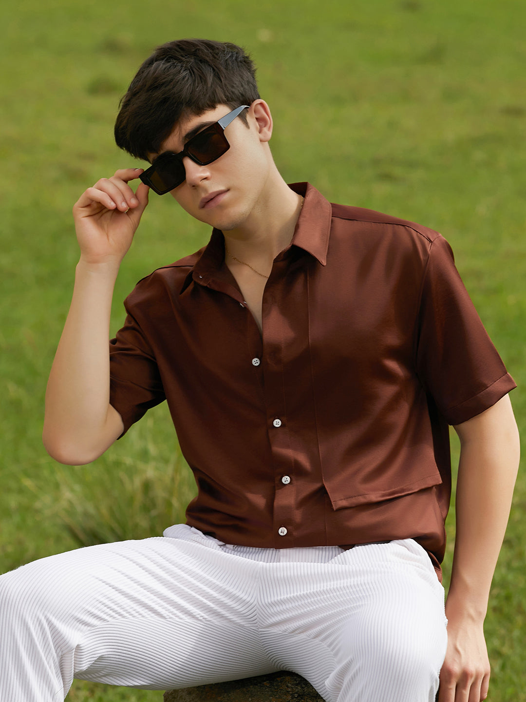 Men Chocolate Brown Solid Flap Oversized Shirt