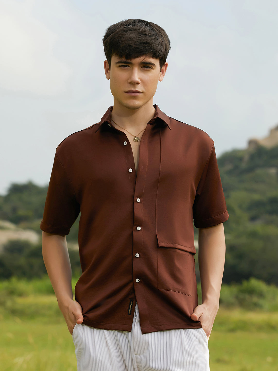Men Chocolate Brown Solid Flap Oversized Shirt