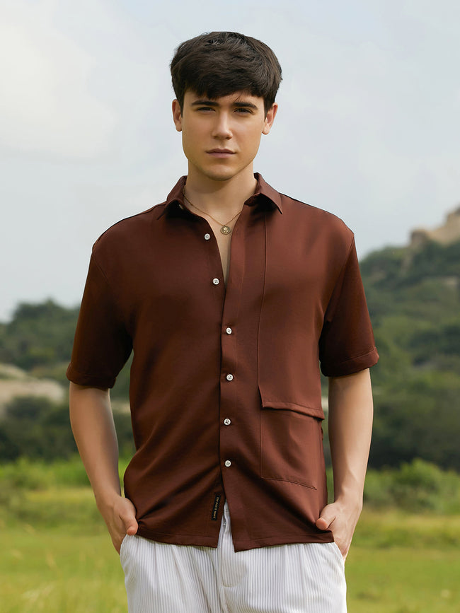 Men Chocolate Brown Solid Flap Oversized Shirt
