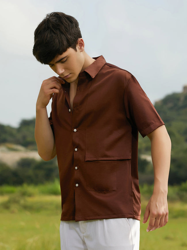 Men Chocolate Brown Solid Flap Oversized Shirt