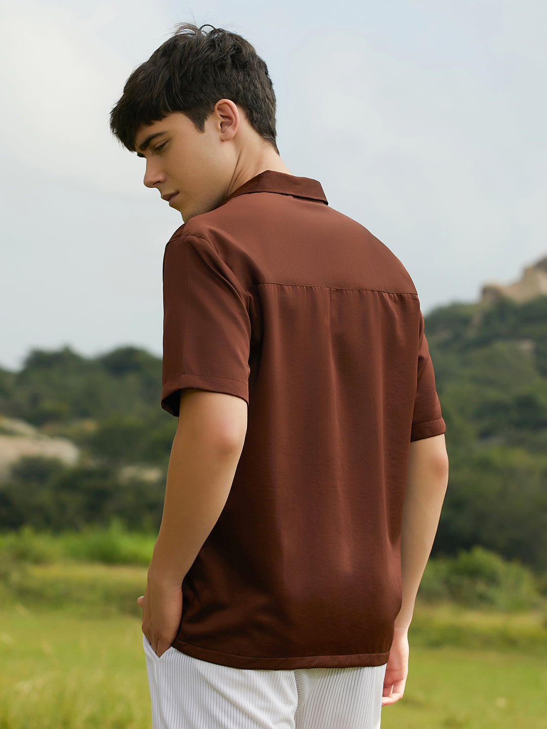 Men Chocolate Brown Solid Flap Oversized Shirt