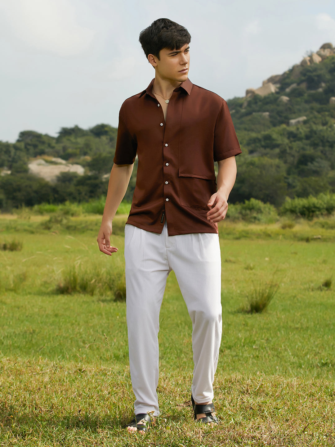 Men Chocolate Brown Solid Flap Oversized Shirt