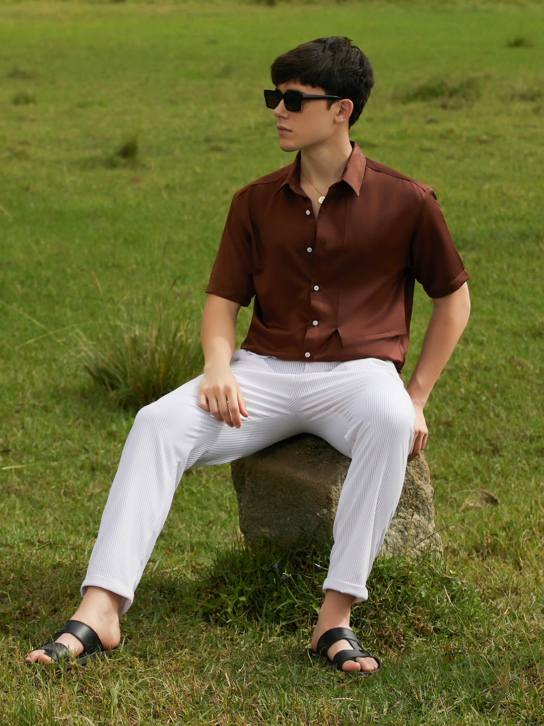 Men Chocolate Brown Solid Flap Oversized Shirt
