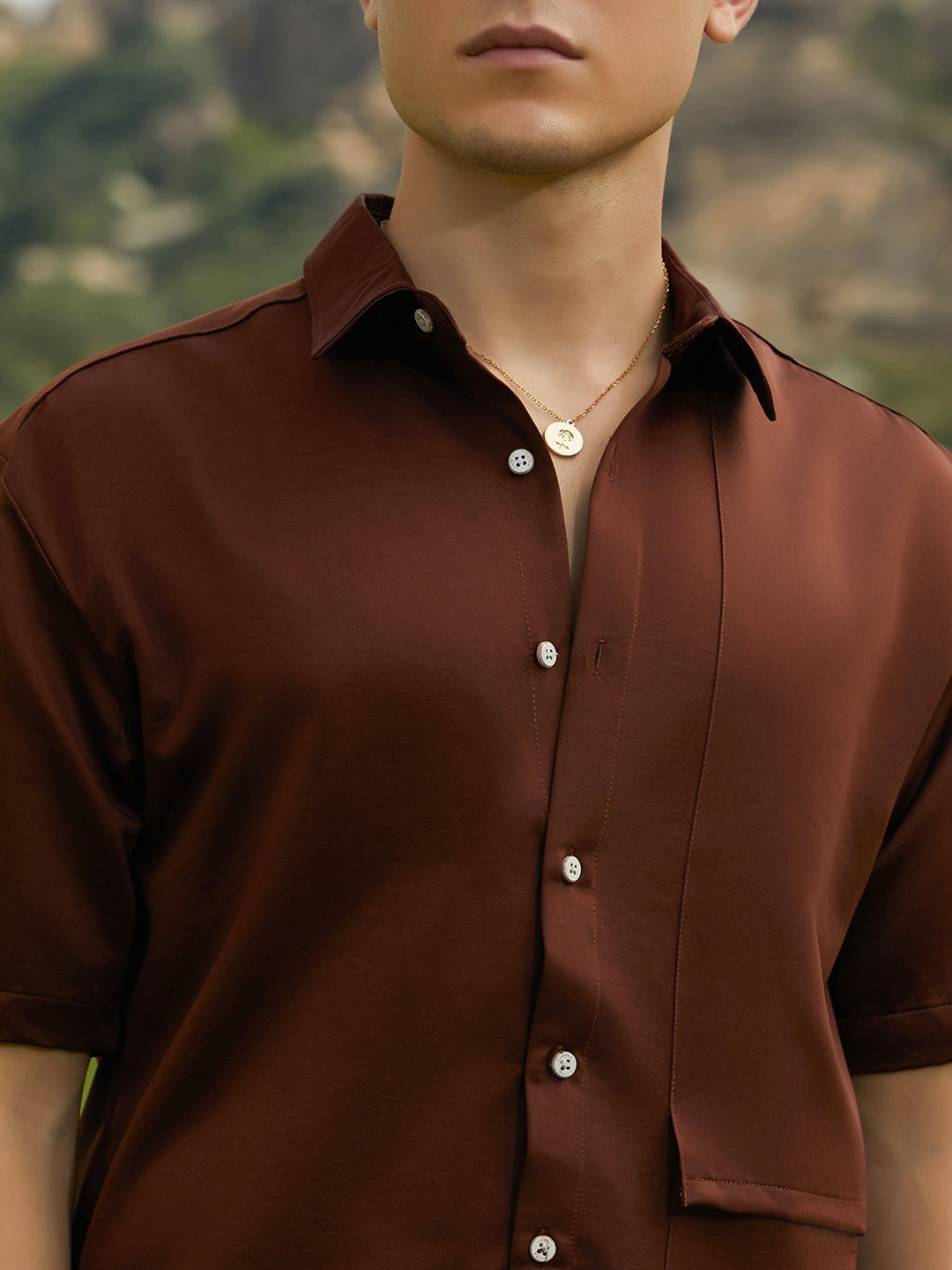 Men Chocolate Brown Solid Flap Oversized Shirt