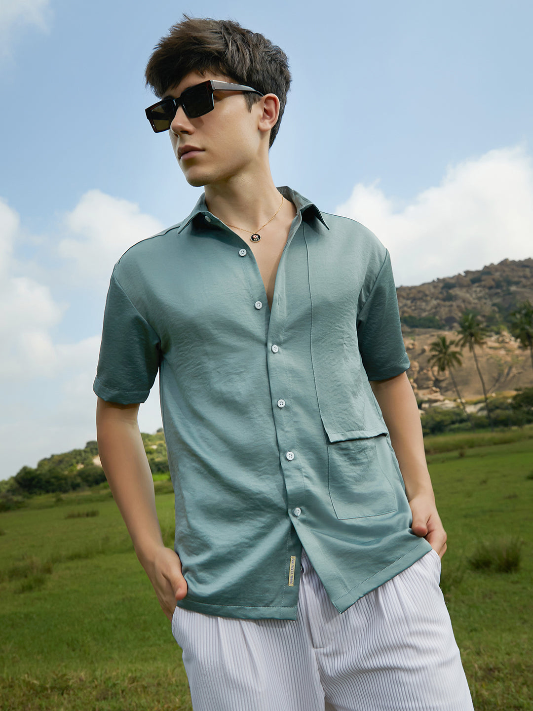 Men Sage Green Solid Flap Oversized Shirt