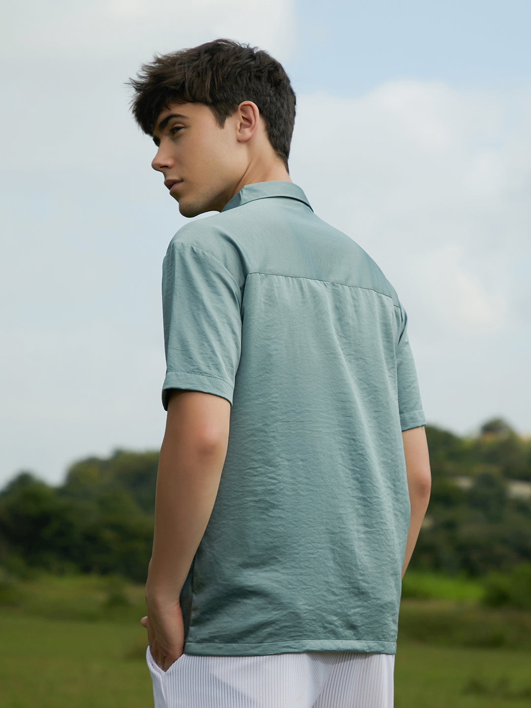 Men Sage Green Solid Flap Oversized Shirt