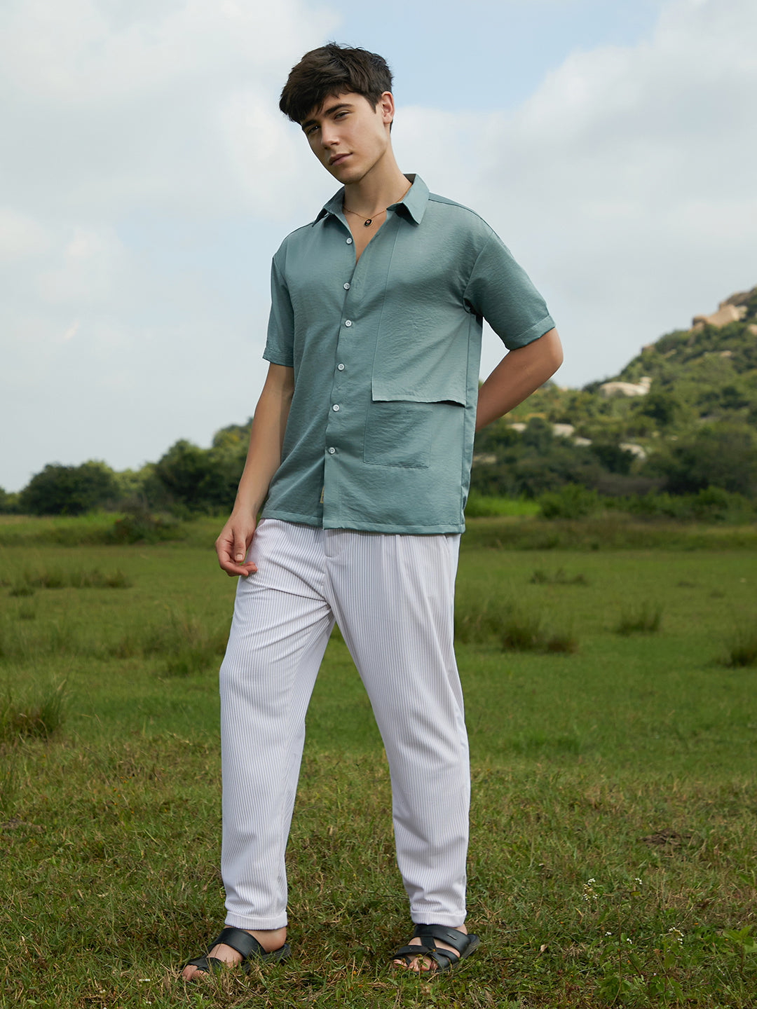 Men Sage Green Solid Flap Oversized Shirt