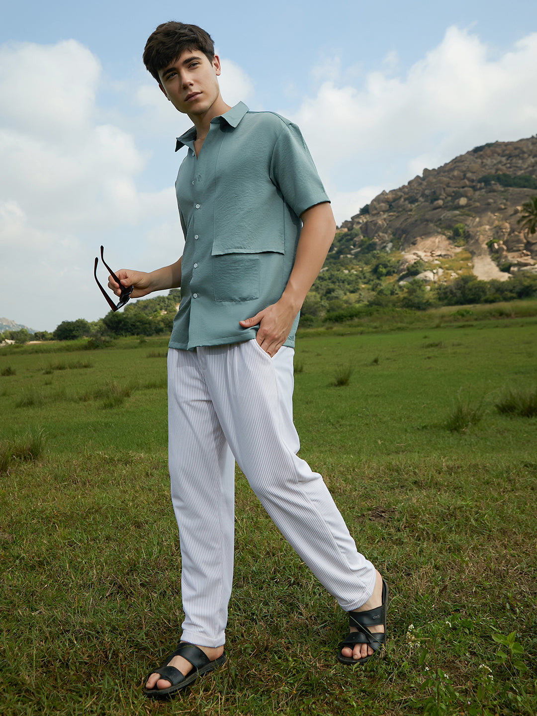 Men Sage Green Solid Flap Oversized Shirt