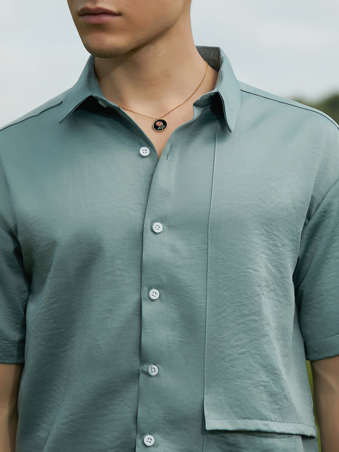 Men Sage Green Solid Flap Oversized Shirt