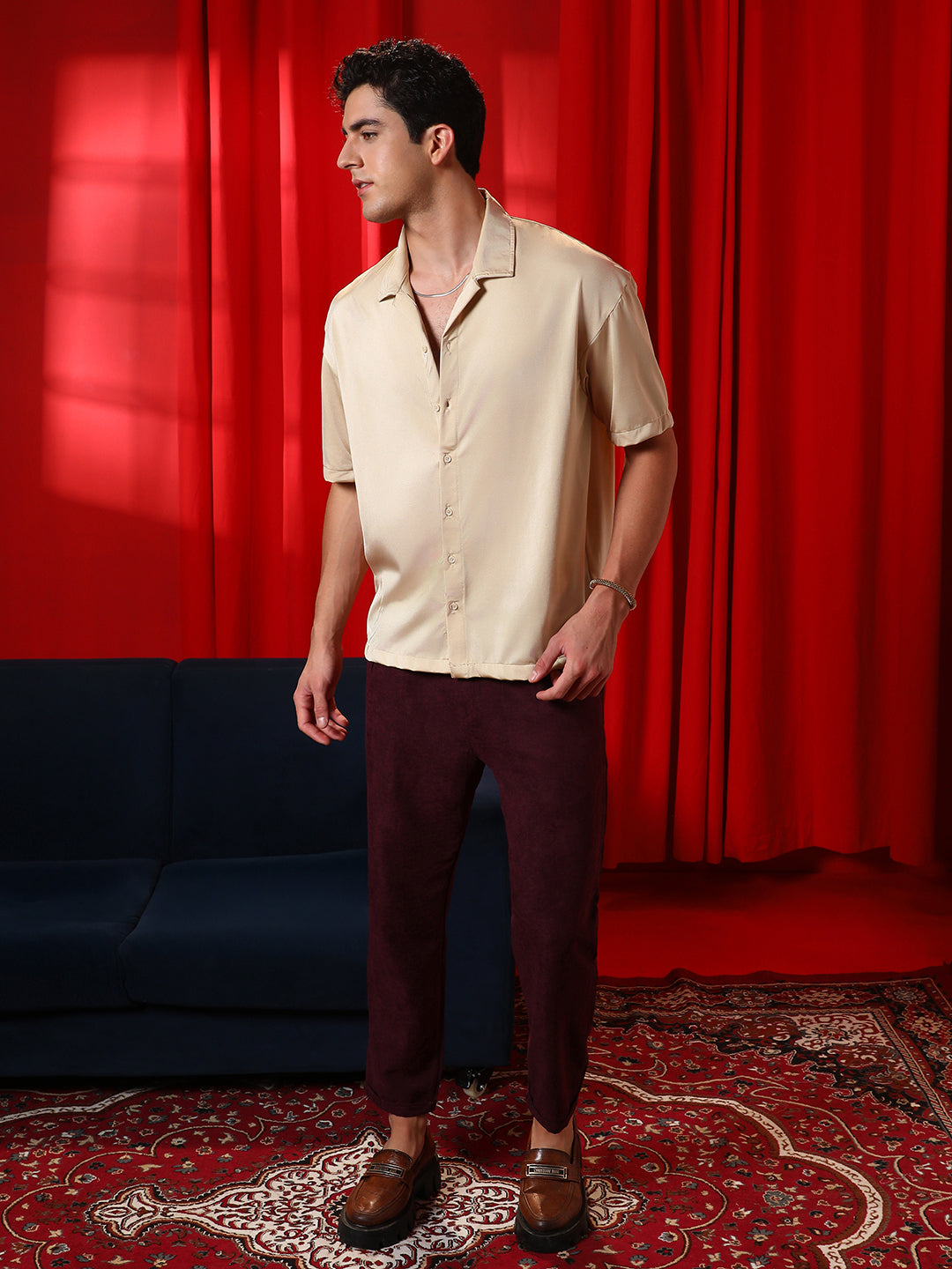 Men Champayne Gold Satin Oversized Shirt