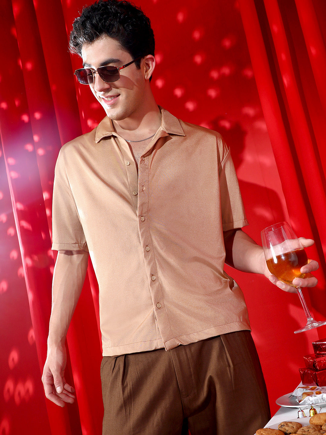 Men Sand Beige Satin Oversized Shirt