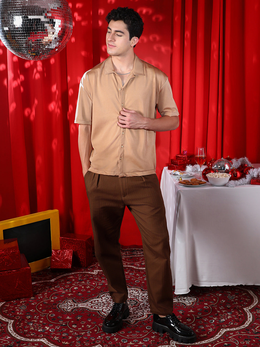 Men Sand Beige Satin Oversized Shirt