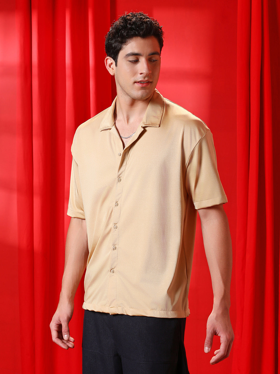 Men Buff Beige Satin Oversized Shirt