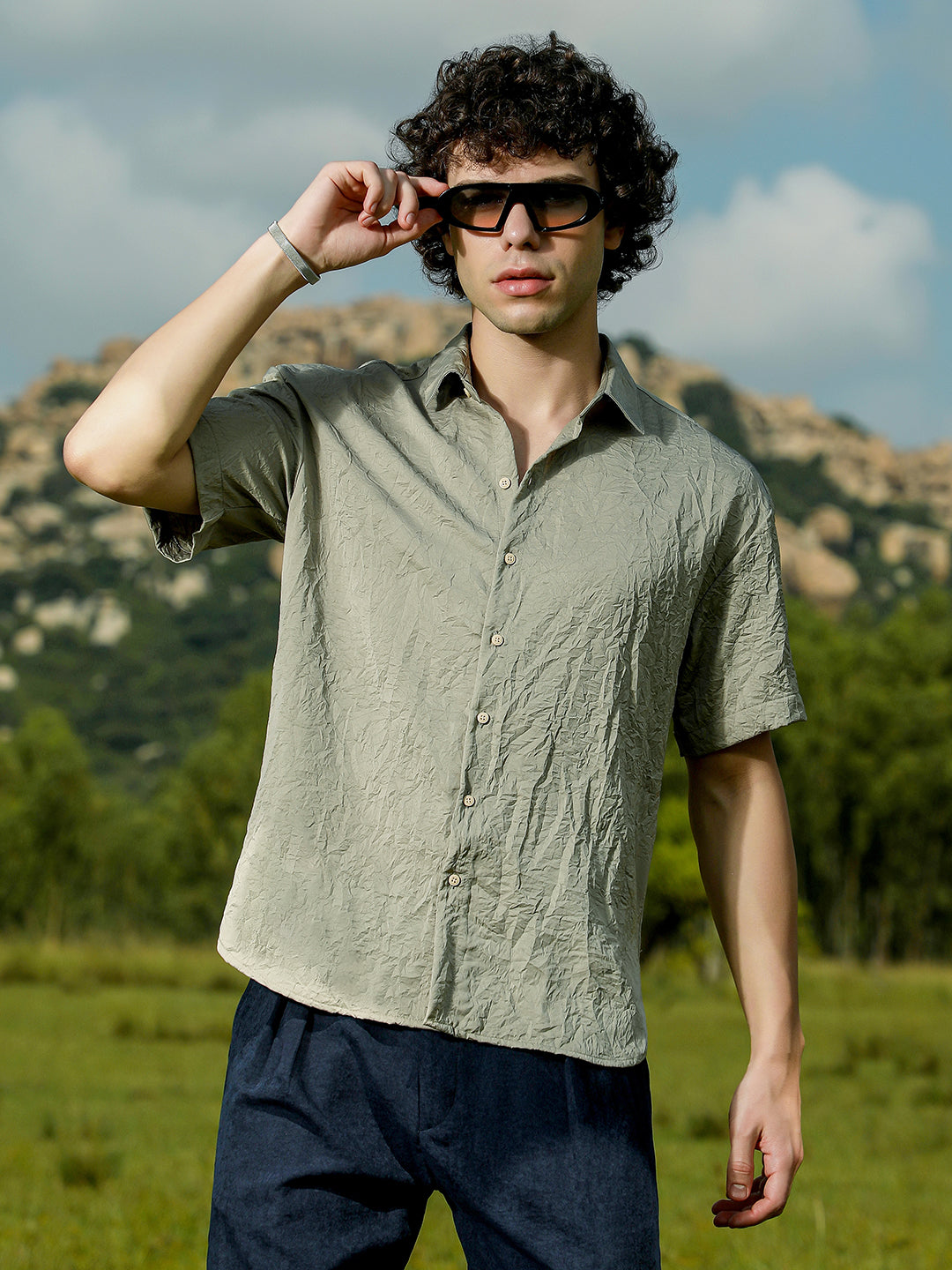 Men Sage Green Crumple-Tactile Shirt