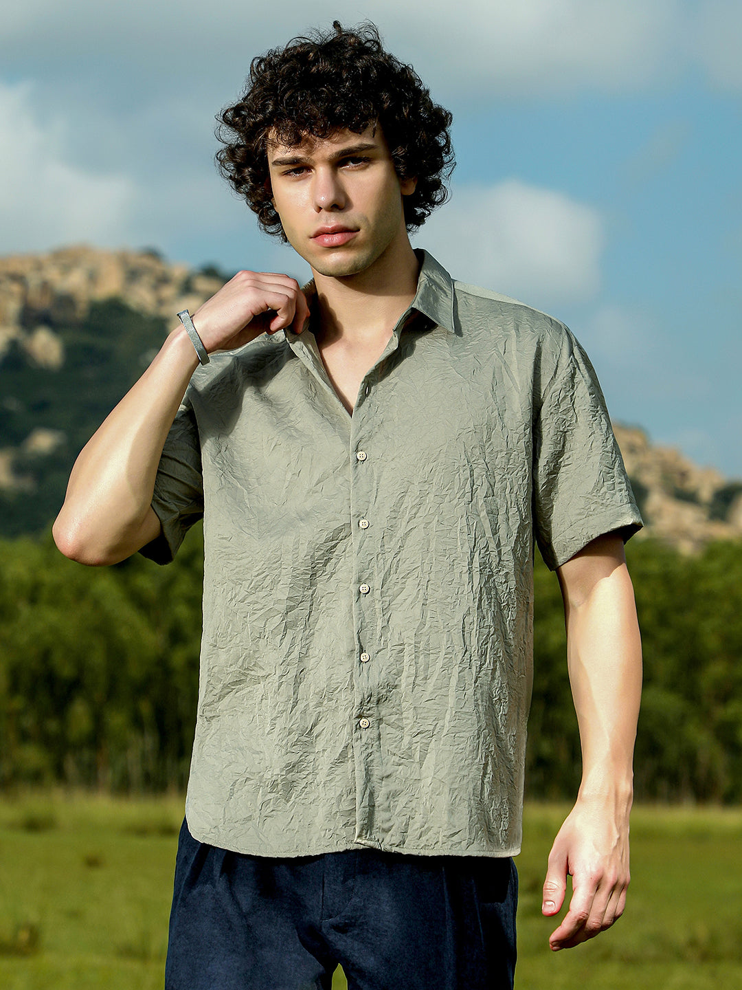 Men Sage Green Crumple-Tactile Shirt
