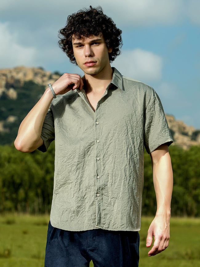 Men Sage Green Crumple-Tactile Shirt