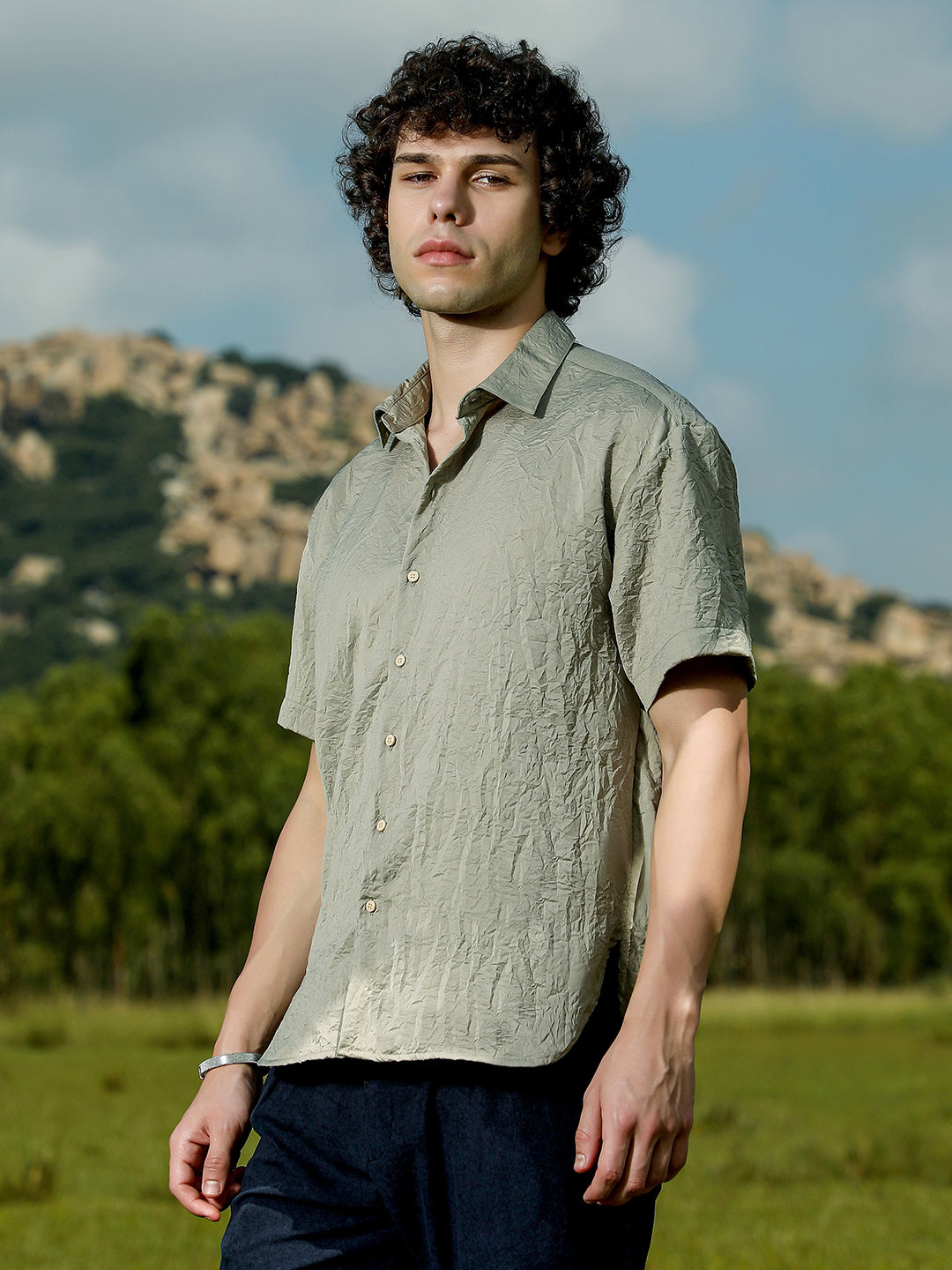 Men Sage Green Crumple-Tactile Shirt