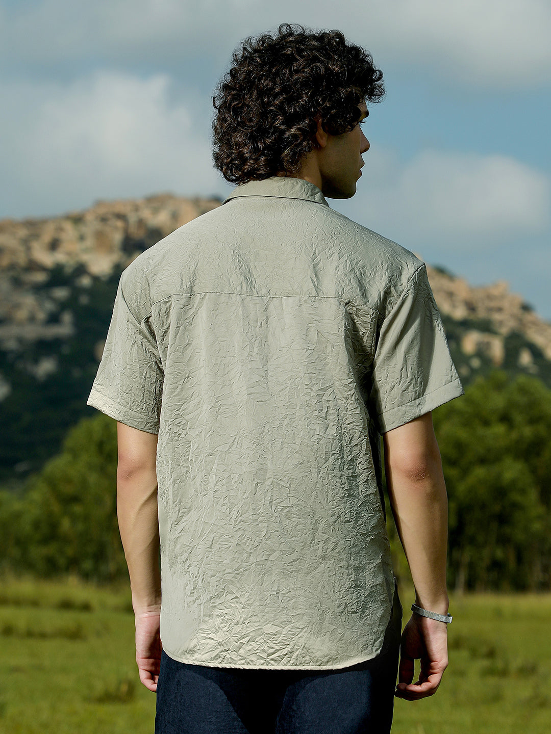 Men Sage Green Crumple-Tactile Shirt